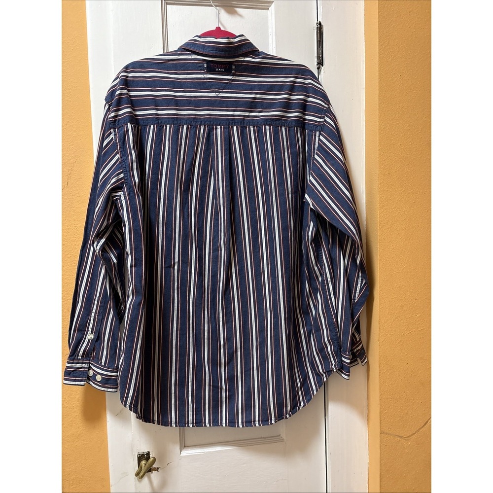 Tommy jeans long sleeve button-down blue white maroon stripe large 100% cotton - Picture 5 of 6